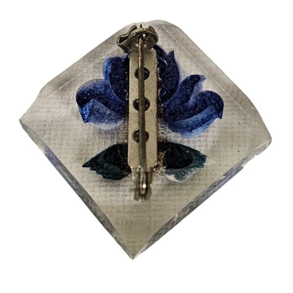 Clear Lucite Reverse Carved Square Blue Rose Brooch Pin L130 - Picture 5 of 9